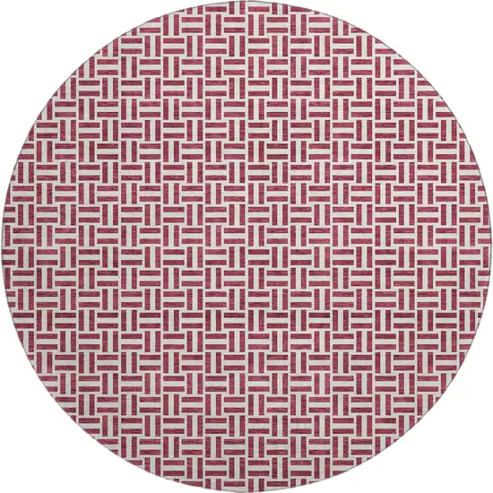 8' Burgundy And Ivory Geometric Washable Round Rug With UV Protection Photo 1