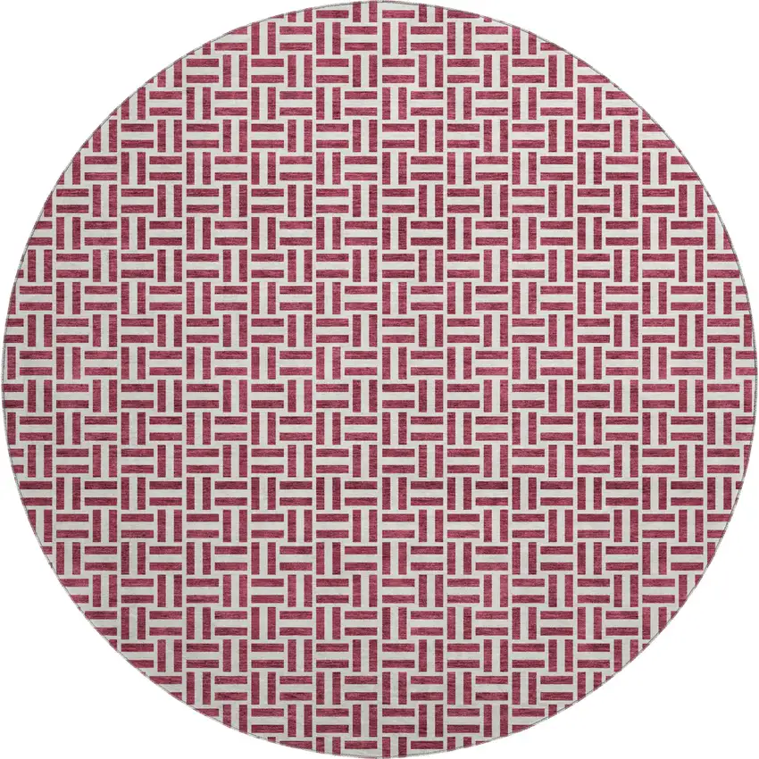 8' Burgundy And Ivory Geometric Washable Round Rug With UV Protection Photo 1
