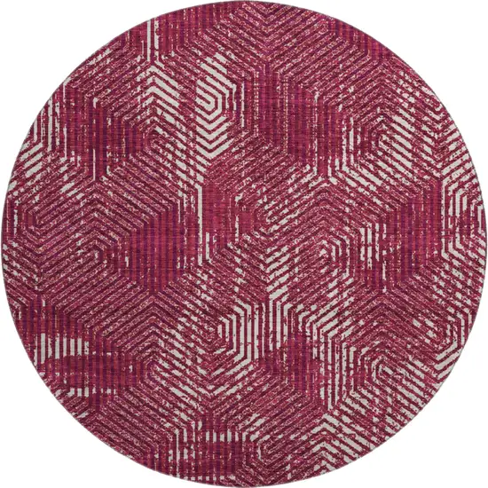 8' Burgundy And Ivory Geometric Washable Round Rug With UV Protection Photo 1