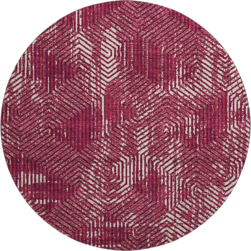 8' Burgundy And Ivory Geometric Washable Round Rug With UV Protection Photo 1