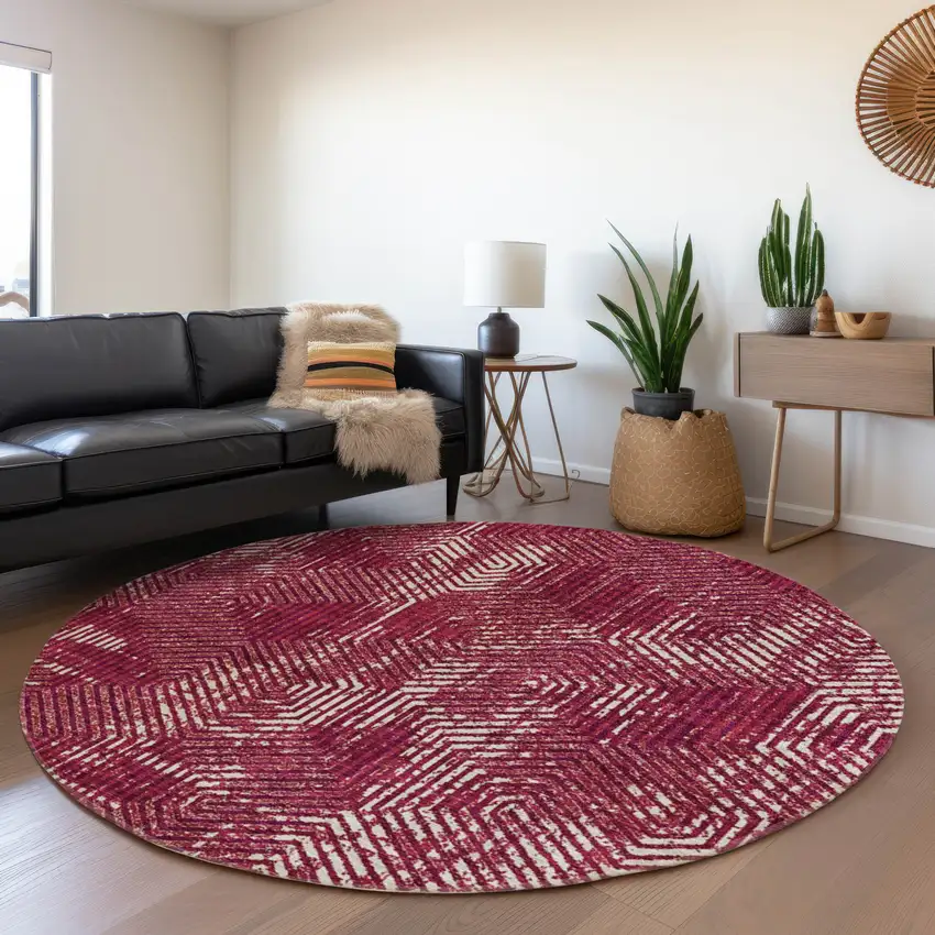 8' Burgundy And Ivory Geometric Washable Round Rug With UV Protection Photo 5