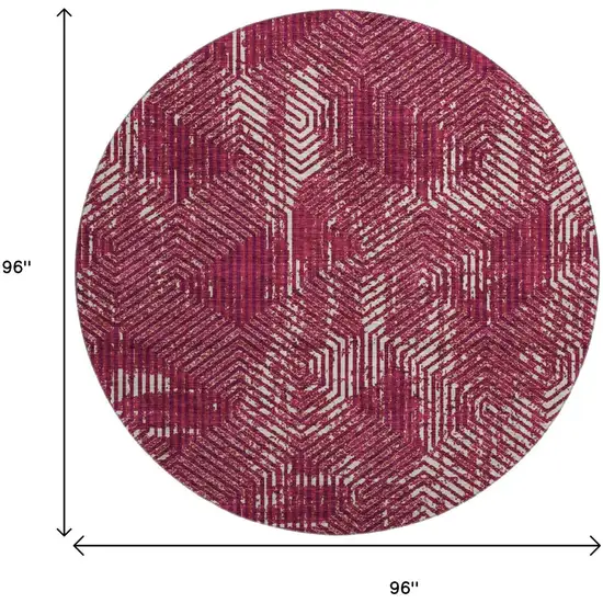 8' Burgundy And Ivory Geometric Washable Round Rug With UV Protection Photo 3