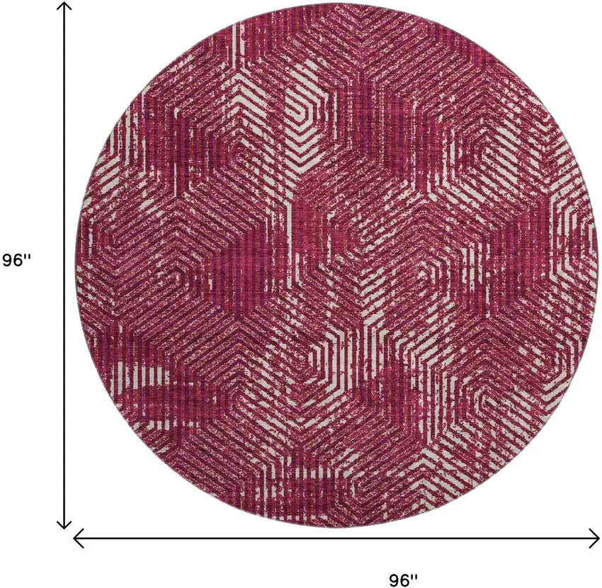 8' Burgundy And Ivory Geometric Washable Round Rug With UV Protection Photo 3