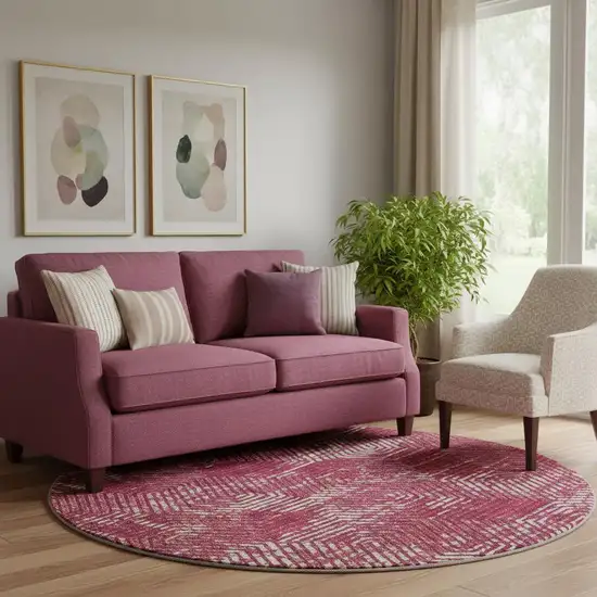 8' Burgundy And Ivory Geometric Washable Round Rug With UV Protection Photo 1