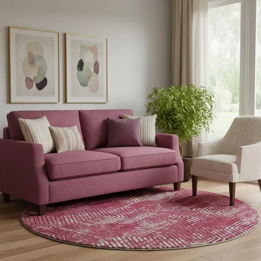 8' Burgundy And Ivory Geometric Washable Round Rug With UV Protection Photo 1