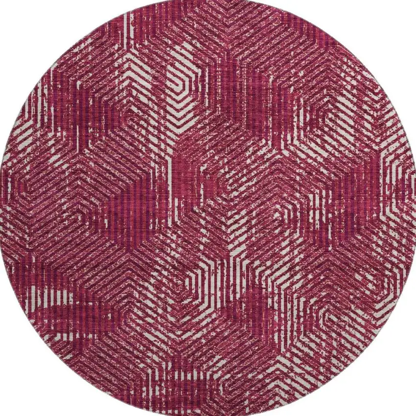 8' Burgundy And Ivory Geometric Washable Round Rug With UV Protection Photo 3