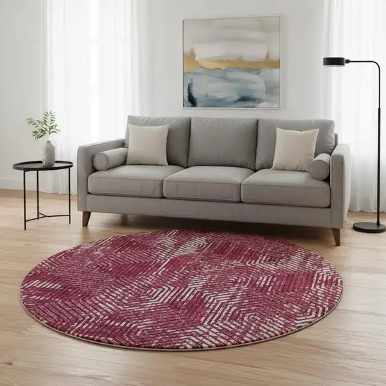8' Burgundy And Ivory Geometric Washable Round Rug With UV Protection Photo 2