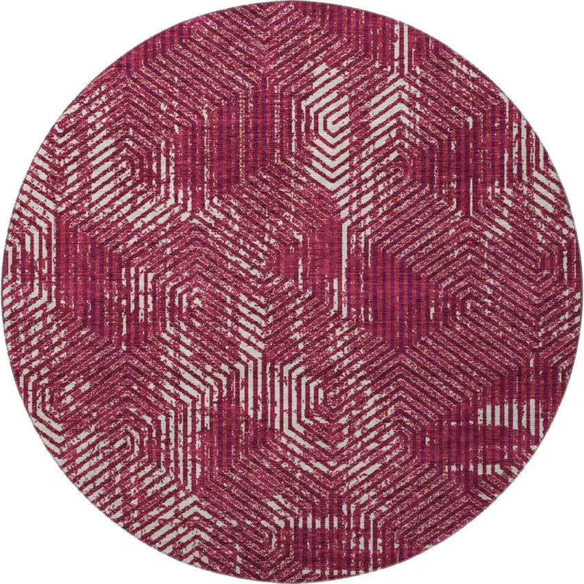 8' Burgundy And Ivory Geometric Washable Round Rug With UV Protection Photo 4