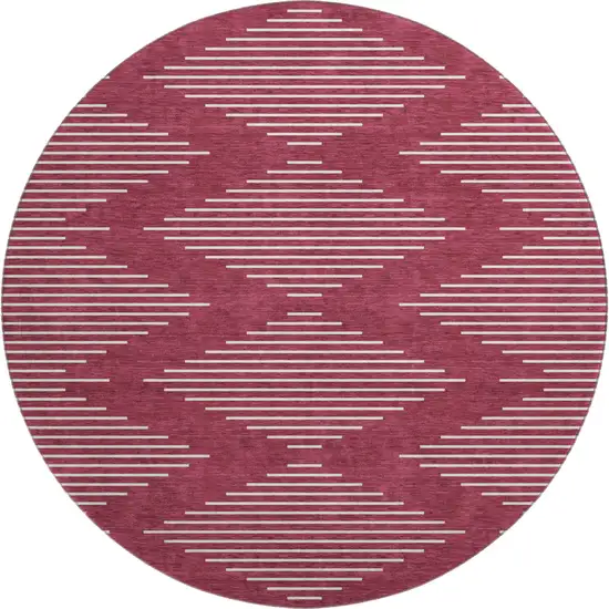 8' Burgundy And Ivory Geometric Washable Round Rug With UV Protection Photo 1