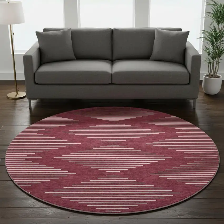 8' Burgundy And Ivory Geometric Washable Round Rug With UV Protection Photo 2