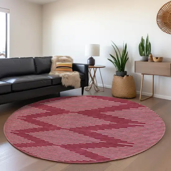 8' Burgundy And Ivory Geometric Washable Round Rug With UV Protection Photo 4