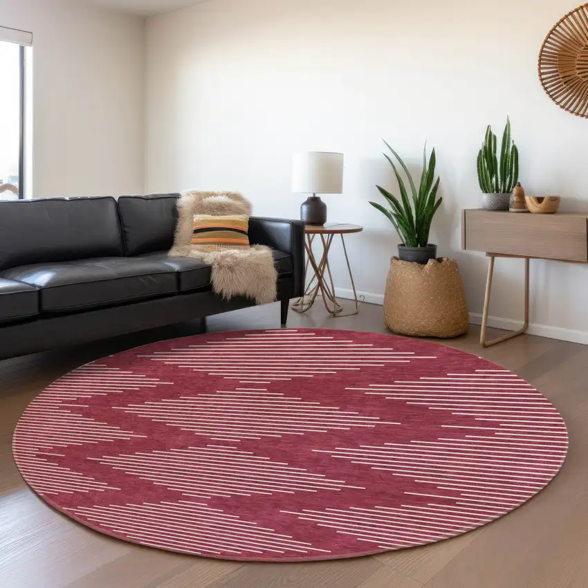 8' Burgundy And Ivory Geometric Washable Round Rug With UV Protection Photo 4