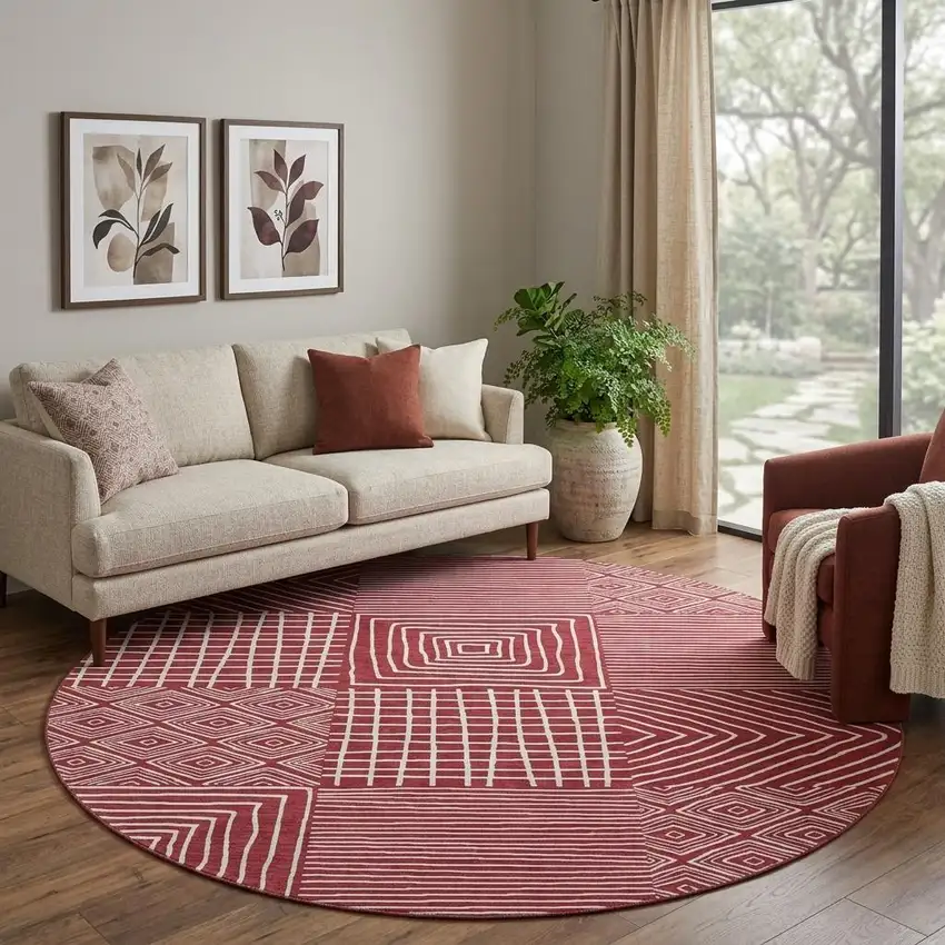 8' Burgundy And Ivory Geometric Washable Round Rug With UV Protection Photo 1