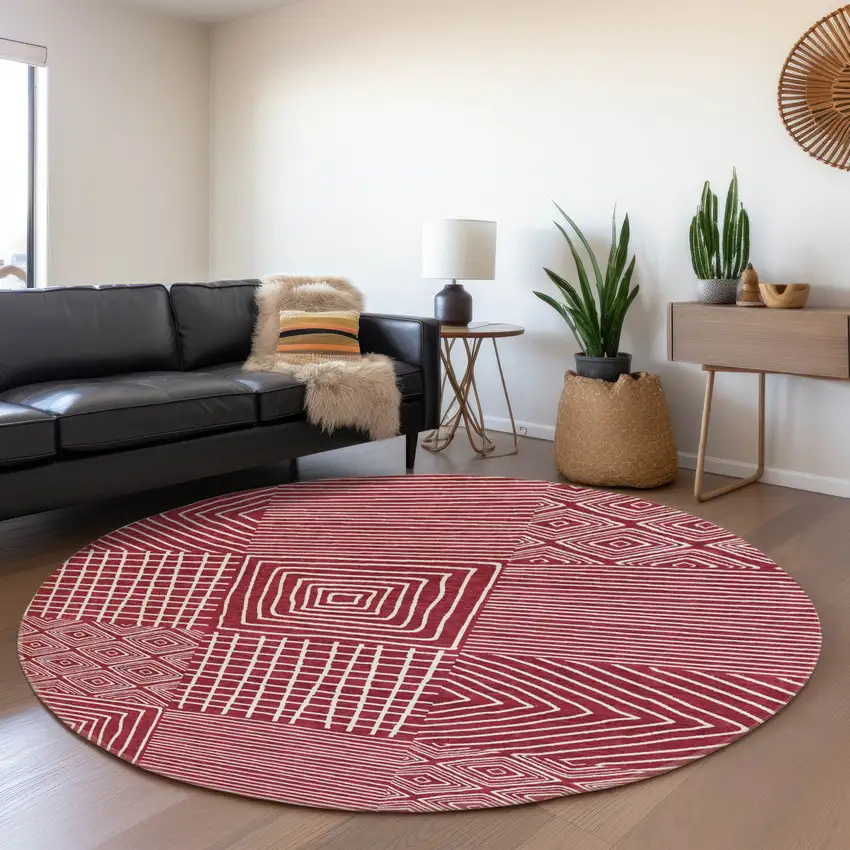 8' Burgundy And Ivory Geometric Washable Round Rug With UV Protection Photo 5