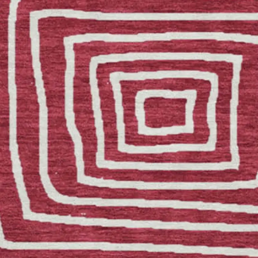 8' Burgundy And Ivory Geometric Washable Round Rug With UV Protection Photo 2