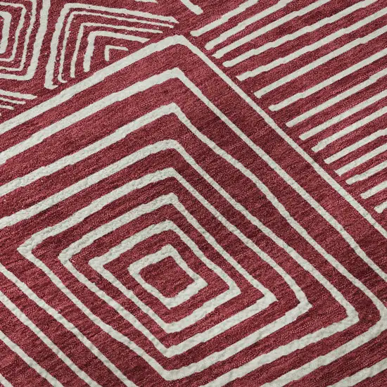 8' Burgundy And Ivory Geometric Washable Round Rug With UV Protection Photo 8