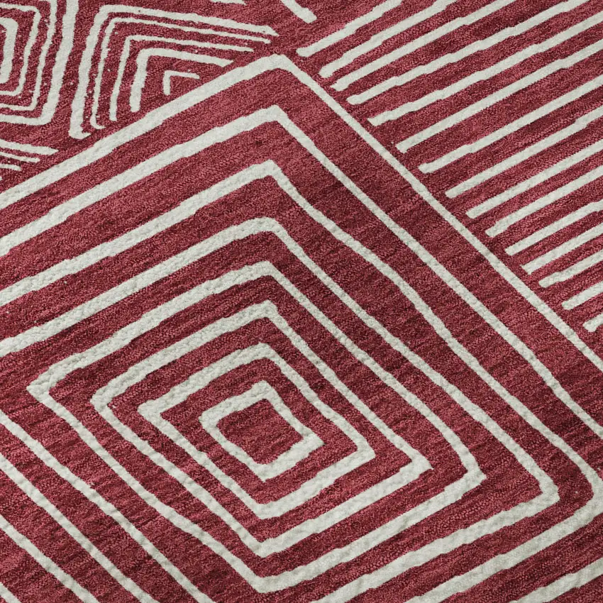 8' Burgundy And Ivory Geometric Washable Round Rug With UV Protection Photo 8