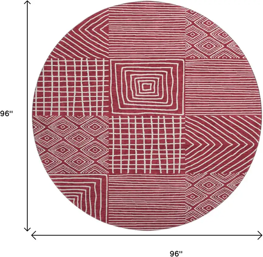 8' Burgundy And Ivory Geometric Washable Round Rug With UV Protection Photo 9