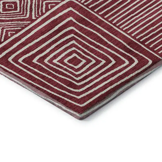 8' Burgundy And Ivory Geometric Washable Round Rug With UV Protection Photo 6