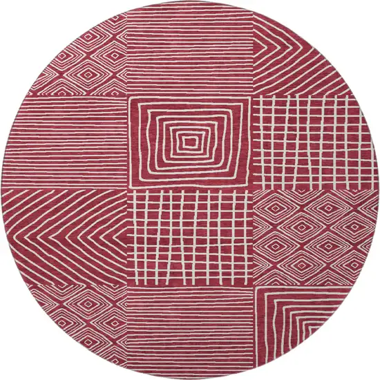 8' Burgundy And Ivory Geometric Washable Round Rug With UV Protection Photo 3
