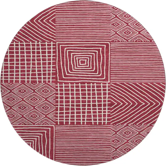 8' Burgundy And Ivory Geometric Washable Round Rug With UV Protection Photo 1