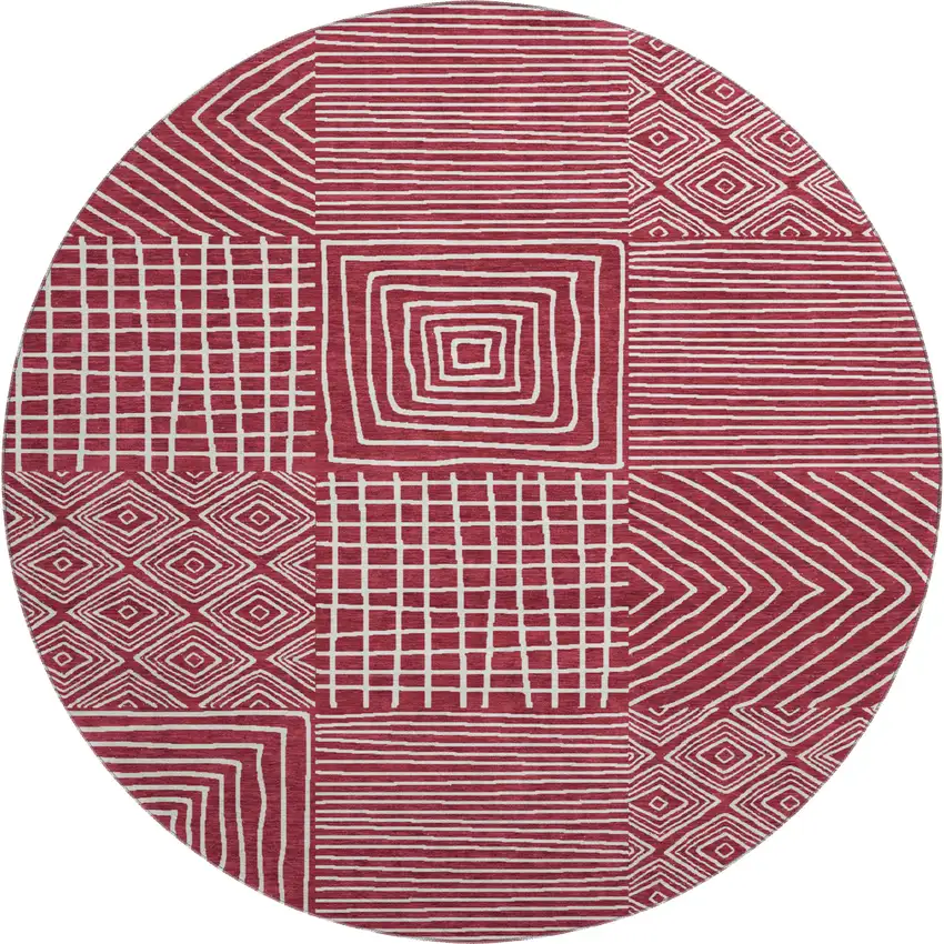 8' Burgundy And Ivory Geometric Washable Round Rug With UV Protection Photo 1