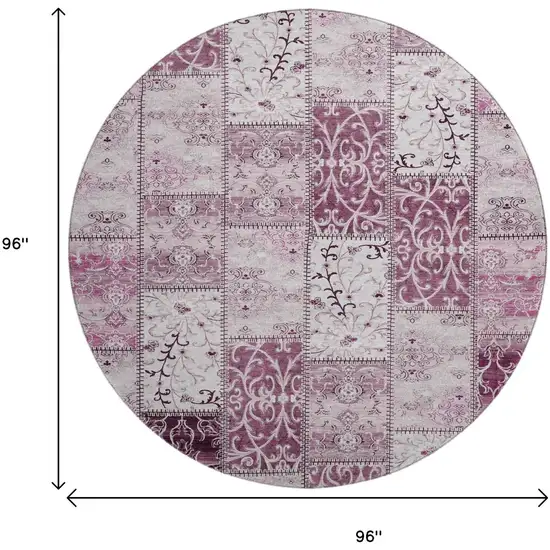 8' Burgundy And Ivory Patchwork Distressed Washable Round Rug With UV Protection Photo 9