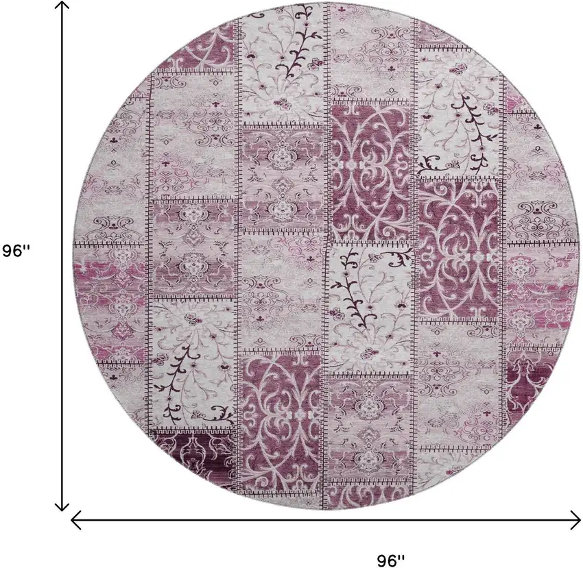 8' Burgundy And Ivory Patchwork Distressed Washable Round Rug With UV Protection Photo 9