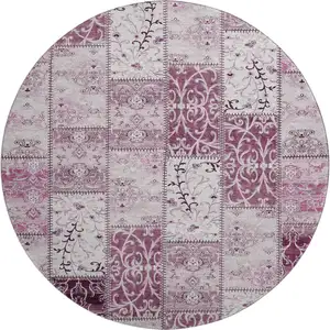 Photo of 8' Burgundy And Ivory Patchwork Washable Round Rug With UV Protection