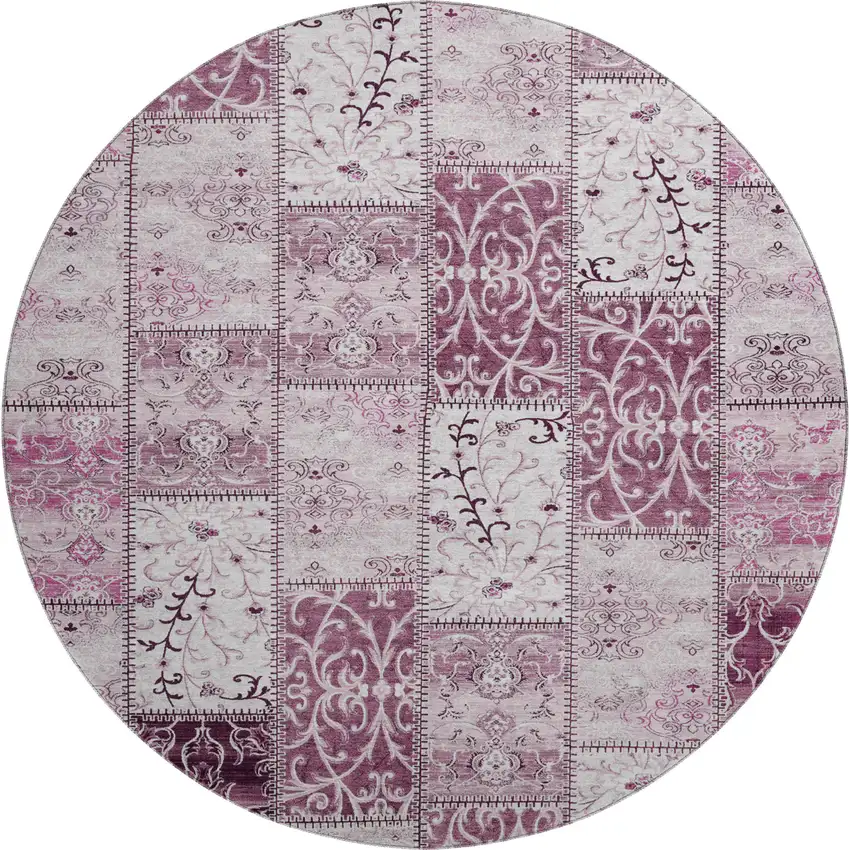 8' Burgundy And Ivory Patchwork Washable Round Rug With UV Protection Photo 1