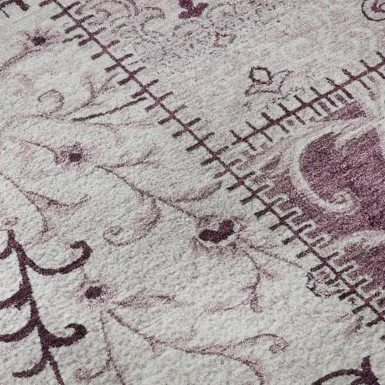 8' Burgundy And Ivory Patchwork Washable Round Rug With UV Protection Photo 9