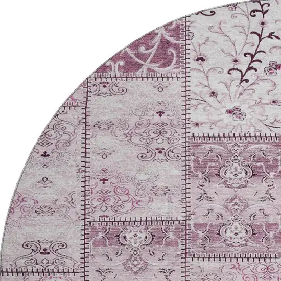 8' Burgundy And Ivory Patchwork Washable Round Rug With UV Protection Photo 4