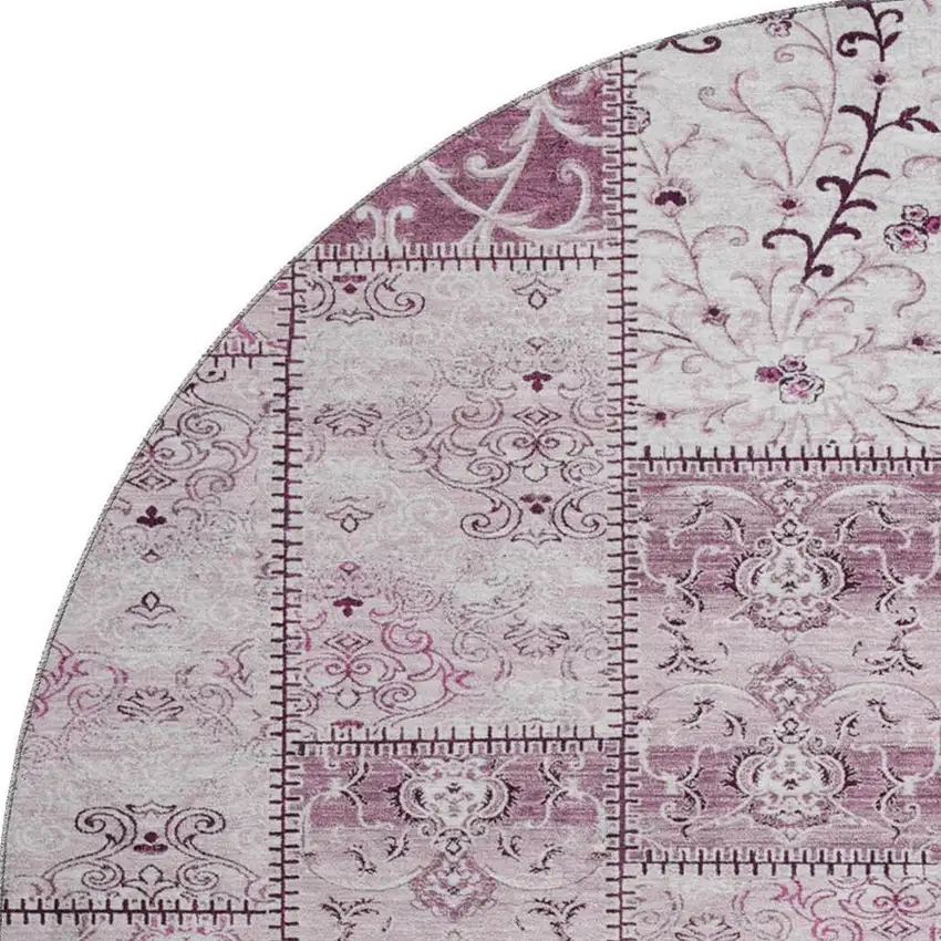 8' Burgundy And Ivory Patchwork Washable Round Rug With UV Protection Photo 4