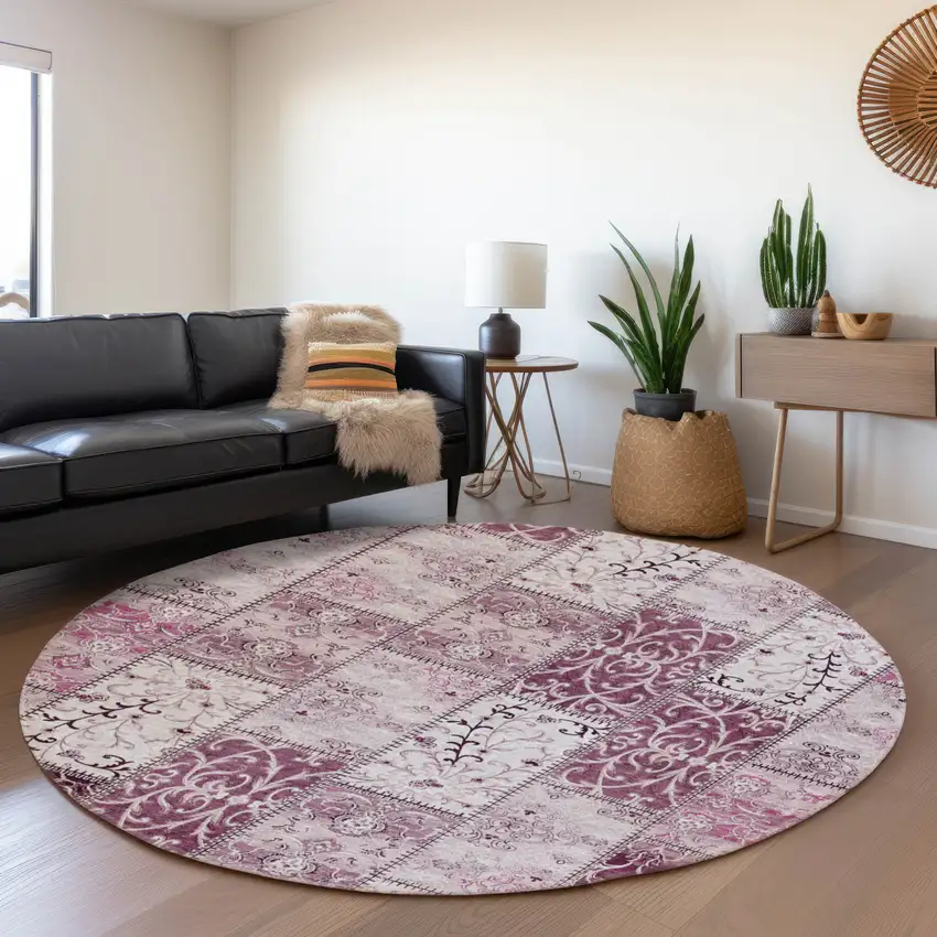 8' Burgundy And Ivory Patchwork Washable Round Rug With UV Protection Photo 5