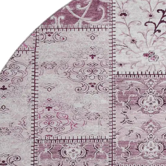 8' Burgundy And Ivory Patchwork Washable Round Rug With UV Protection Photo 3