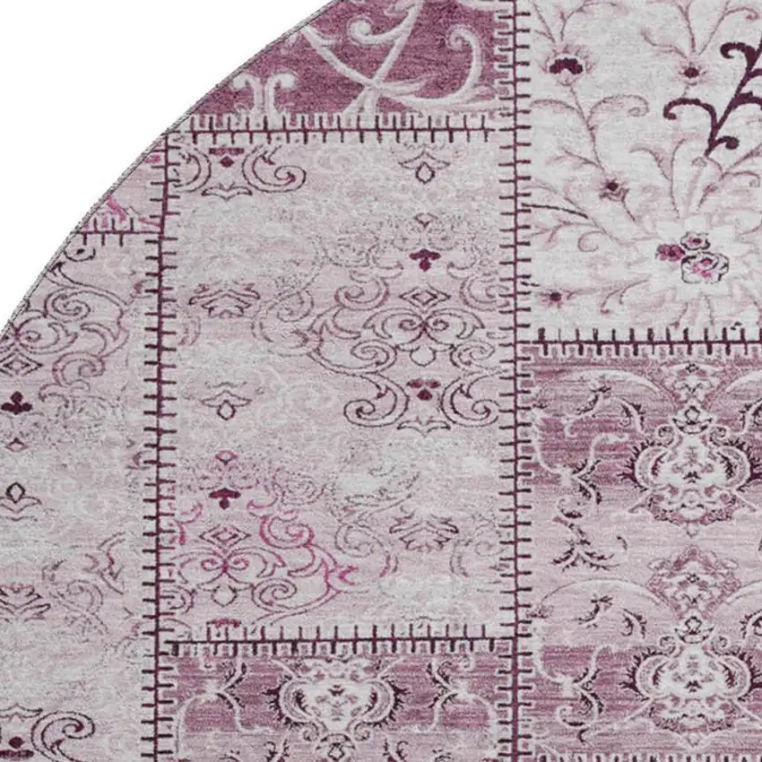 8' Burgundy And Ivory Patchwork Washable Round Rug With UV Protection Photo 3