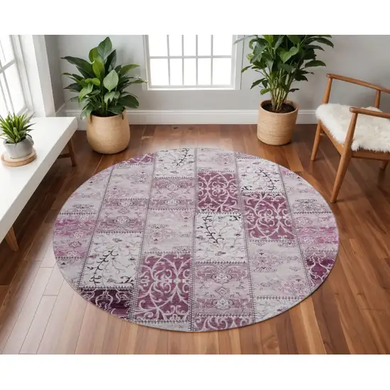 8' Burgundy And Ivory Patchwork Washable Round Rug With UV Protection Photo 2