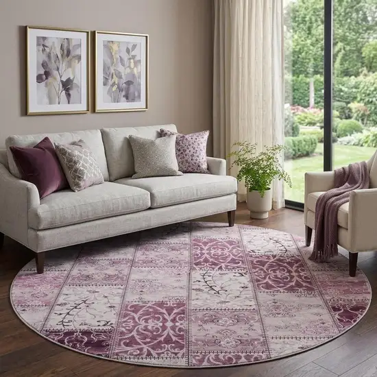 8' Burgundy And Ivory Patchwork Distressed Washable Round Rug With UV Protection Photo 1
