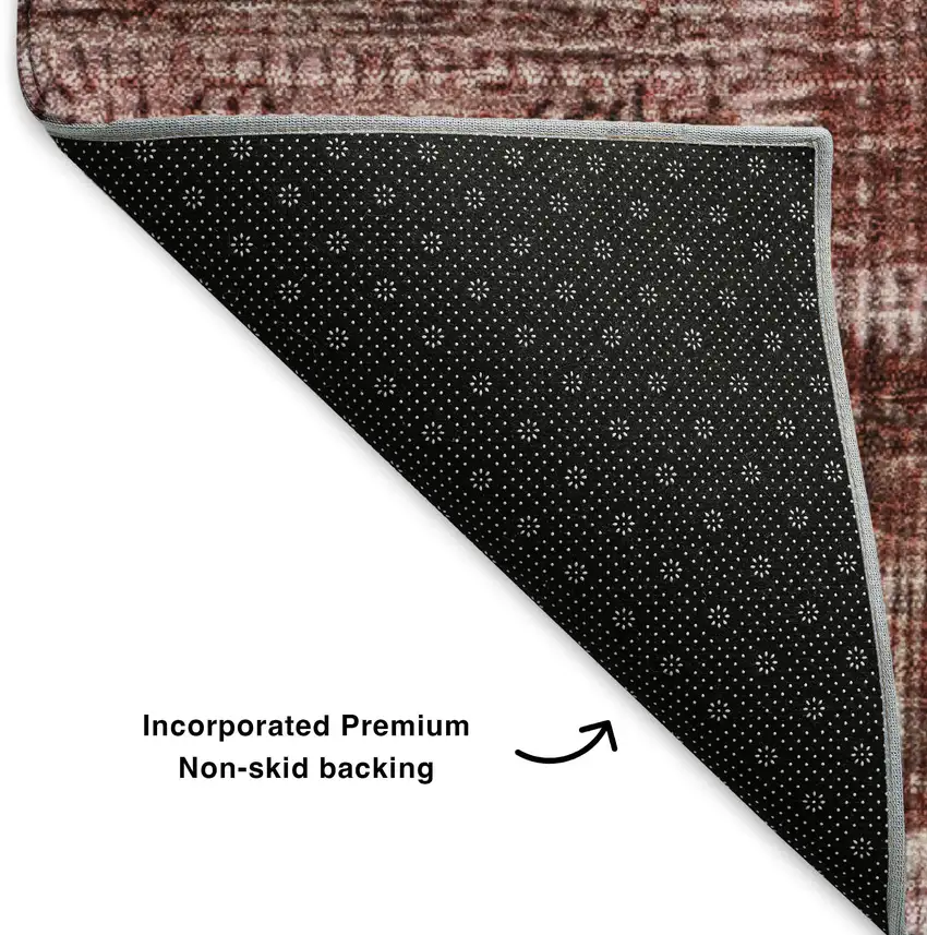 8' Burgundy And Ivory Patchwork Washable Round Rug With UV Protection Photo 6