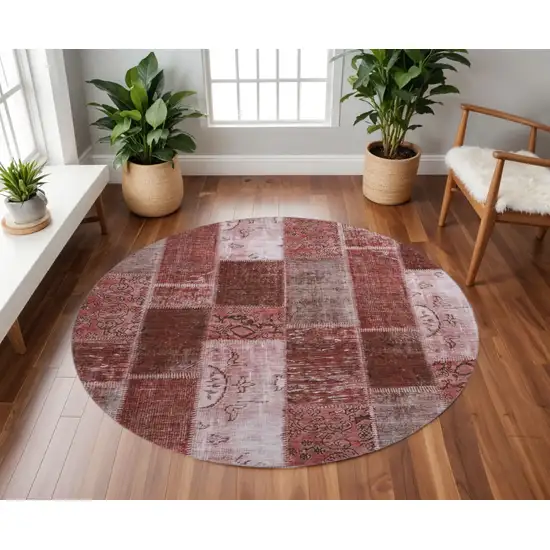 8' Burgundy And Ivory Patchwork Washable Round Rug With UV Protection Photo 2
