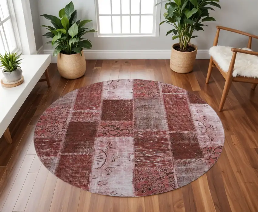 8' Burgundy And Ivory Patchwork Washable Round Rug With UV Protection Photo 2