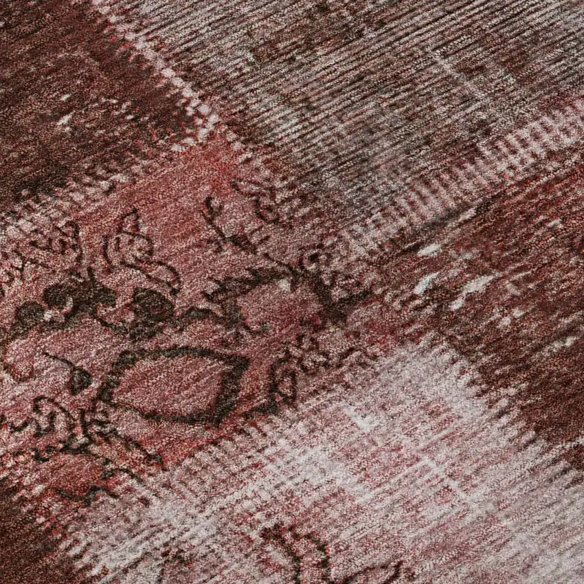 8' Burgundy And Ivory Patchwork Washable Round Rug With UV Protection Photo 9