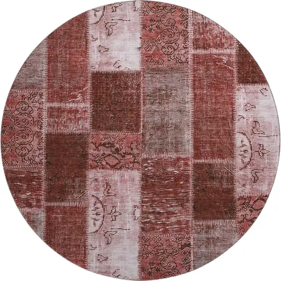 8' Burgundy And Ivory Patchwork Washable Round Rug With UV Protection Photo 1