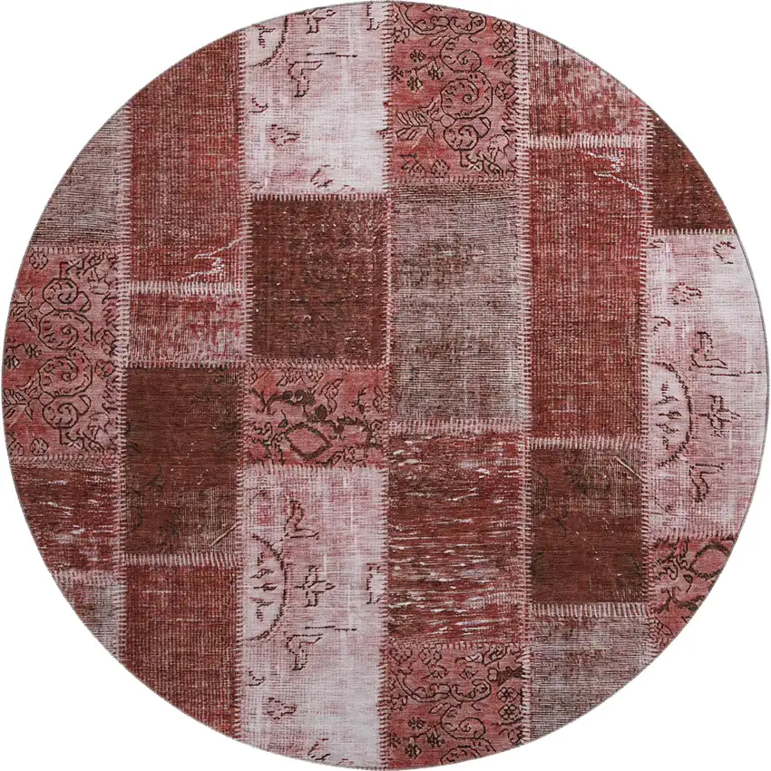 8' Burgundy And Ivory Patchwork Washable Round Rug With UV Protection Photo 1