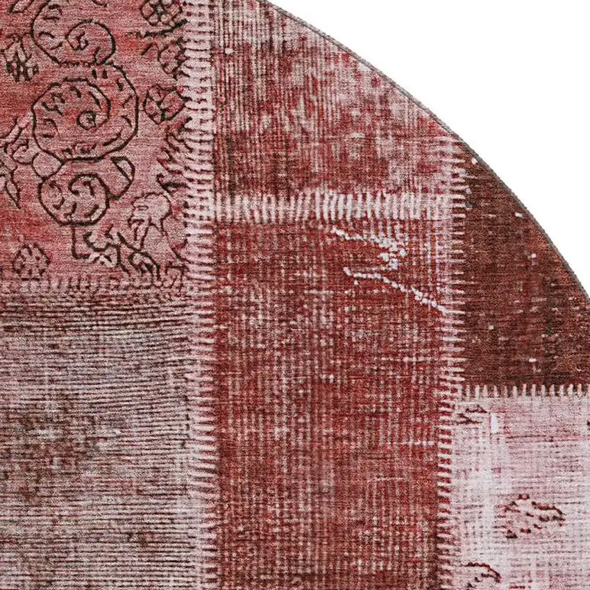 8' Burgundy And Ivory Patchwork Washable Round Rug With UV Protection Photo 3