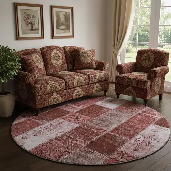 8' Burgundy And Ivory Patchwork Washable Round Rug With UV Protection Photo 1