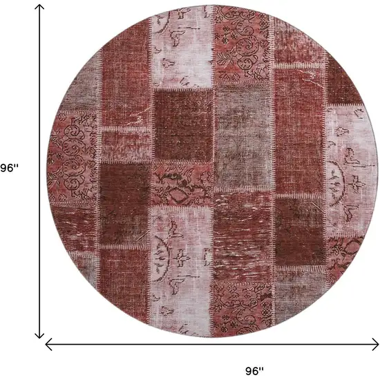 8' Burgundy And Ivory Patchwork Washable Round Rug With UV Protection Photo 3