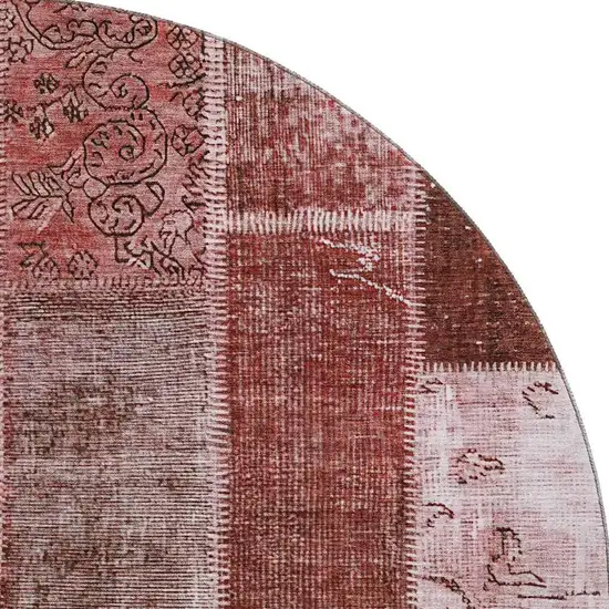 8' Burgundy And Ivory Patchwork Washable Round Rug With UV Protection Photo 4