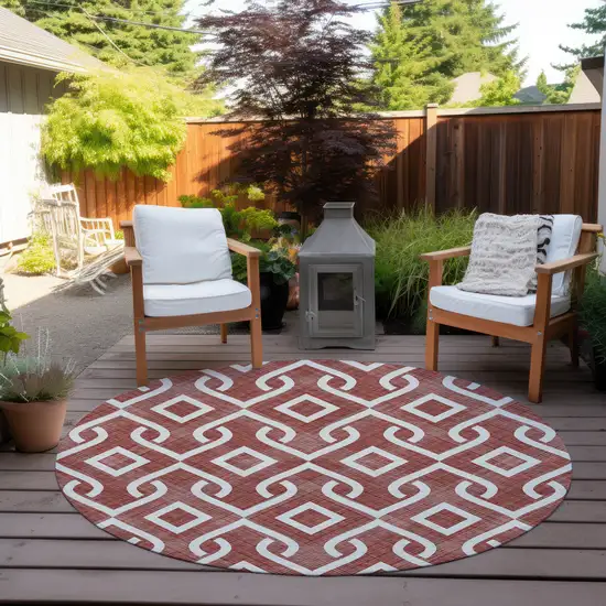8' Burgundy And Ivory Round Geometric Washable Indoor Outdoor Area Rug Photo 7