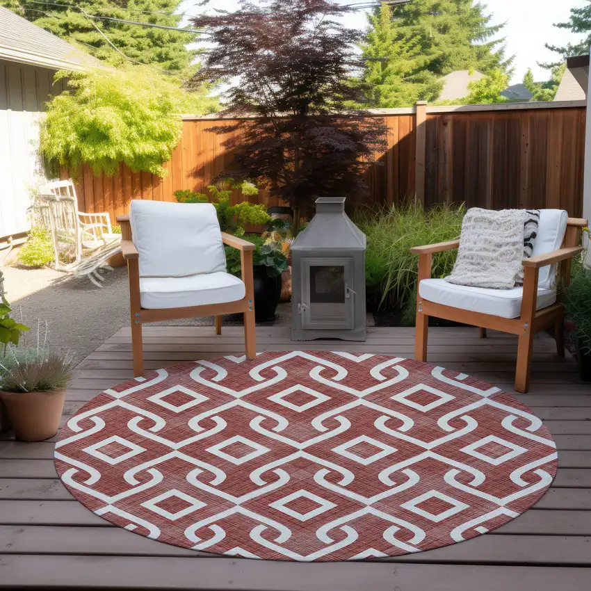 8' Burgundy And Ivory Round Geometric Washable Indoor Outdoor Area Rug Photo 7
